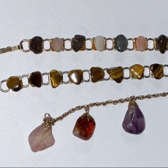 Polished Stones Rocks Gold Tone Link Chain and Chain Bracelets Lot of Three - Picture 2 of 10